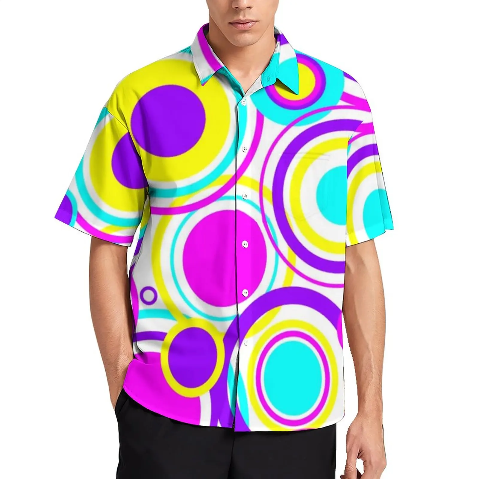 

Retro Circles Pattern Beach Shirt Bright 60s Print Hawaiian Casual Shirts Male Trending Blouses Short-Sleeve Graphic Clothing