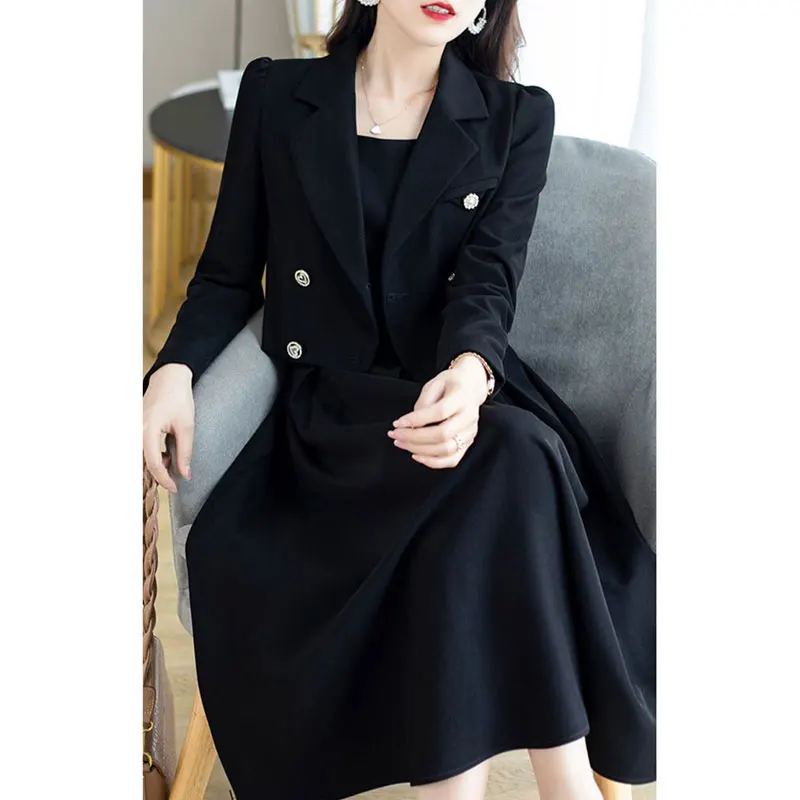 Autumn Korea Elegant Women Black Office Hepburn Suit Dress Casual Lapel  Blazer Coat Classic High Waist Strap Pleated Dress 3XL images - 6