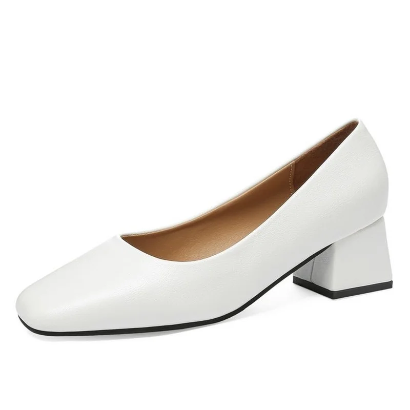 

Spring and Summer Ladies High Heels Square Heel Simple Fashion Style Genuine Leather Shallow Mouth Solid Color Women's Shoes