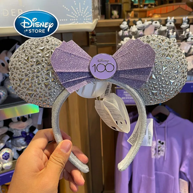 2023 Disney 100th Anniversary Hairband Headband Shanghai Disneyland Rivet Head Hoop Purple+Silver Mickey Minnie Ear Headdress