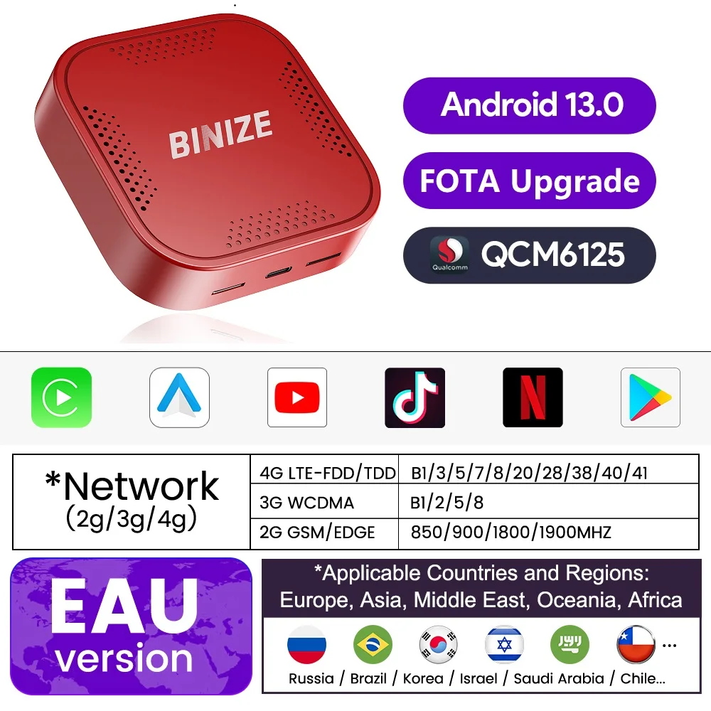 

Binize CarPlay Ai Box Android 13.0 Беспроводной CarPlay и Android Auto для автомобиля с проводным CarPlay OEM для Netflix Youtube FOTA Upgrad