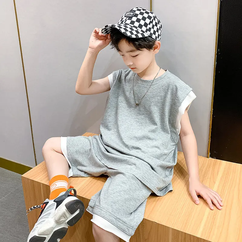Boys Two Piece Summer Clothes Set Outfits Sleeveless T-shirt And Shorts 2022 New Big Boy Costumes for Kids Children Tracksuits