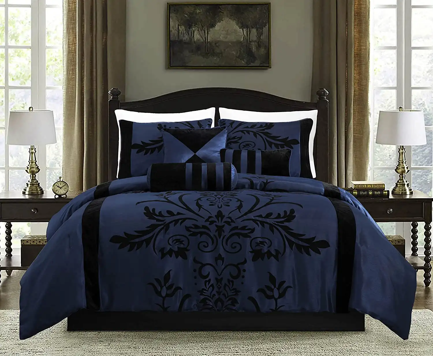 

Contemporary 7-Piece Luxury Flocked Floral Fabric Comforter Set Queen White
