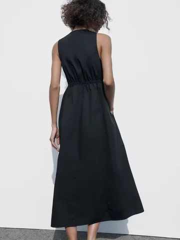 New Women's Fashion V-Neck Sleeveless Midi Dress Elastic Waist Hepburn Style Long Dress Pleated Zipper Decoration Poplin Dress
