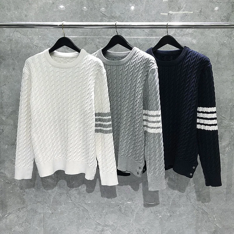 TB THOM Sweater New Fashion Design Striped Twist O-Neck Men Sweaters Pullover All-match Casual Spring Women Knitting