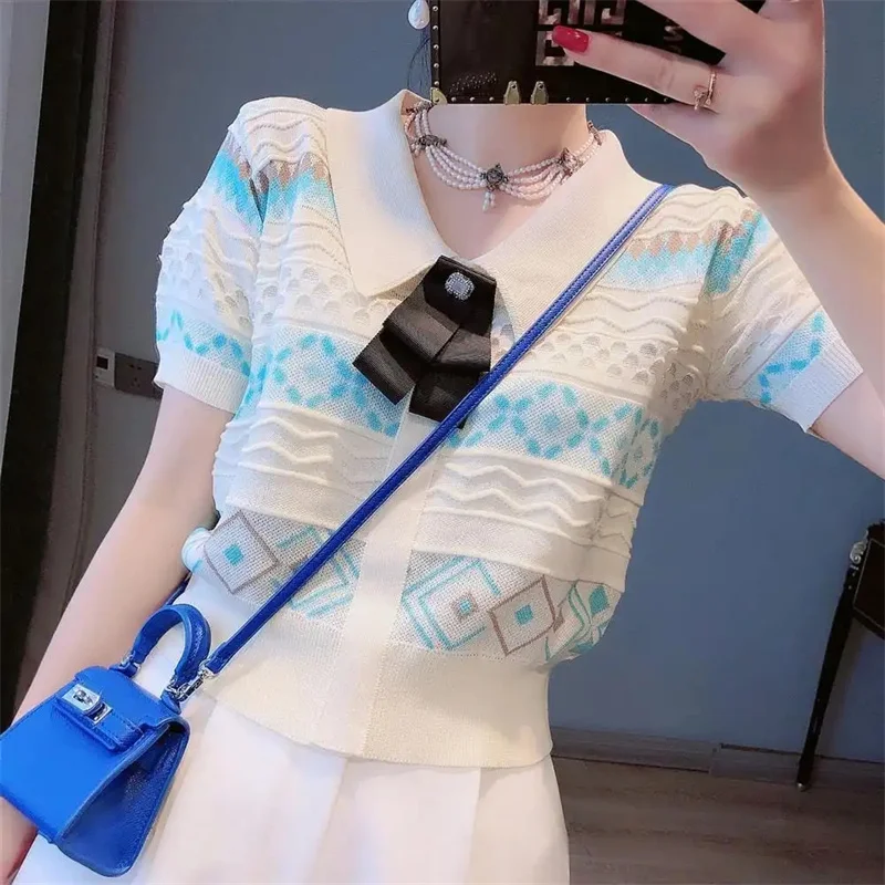 

2022 Knit Down Bows Fashion Tops Cute Women Sleeve Summer Korean Short Knitted Collar Pullover Turn Cropped Vintage Sweater