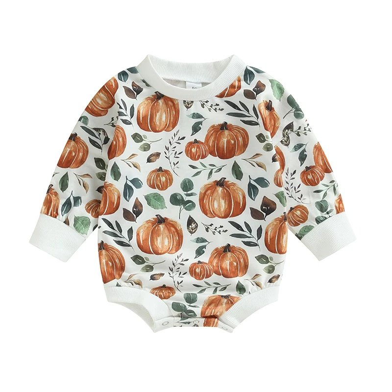 

Jkerther Halloween Thanksgiving Day Infant Baby Sweatshirt Romper Long Sleeve Cartoon Pumpkin Floral Ghost Print Bodysuit