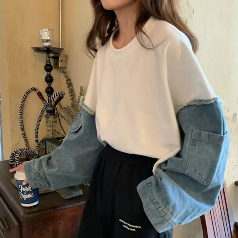

Harajuku Sweatshirts Women O-Neck Patchwork Streetwear Hoodies Sweatshirts Indie Chic Feminino Casual All-match Fashion Tops New