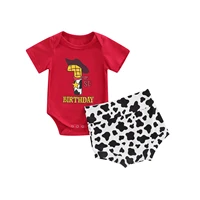 infant baby boys clothing 2pc casual sets first birthday cartoon letter print short sleeve bodysuit milk cow pattern shorts