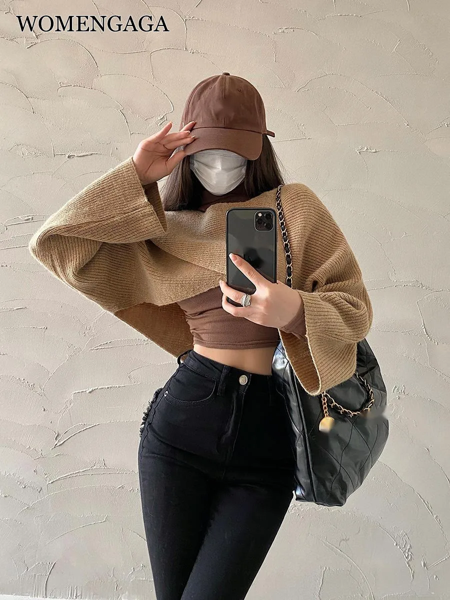 

Модный Свободный приталенный короткий вязаный свитер womtecha Spice Girl с длинным рукавом и перекрестным низом, топ, пикантные корейские женские т...