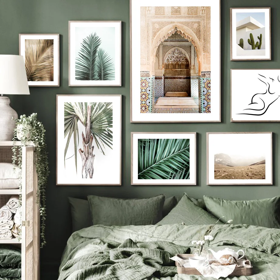 

Moroccan Arch Palm Leaves Plant Cactus Meadow Hill Nordic Poster Wall Art Print Canvas Painting Decor Pictures For Living Room