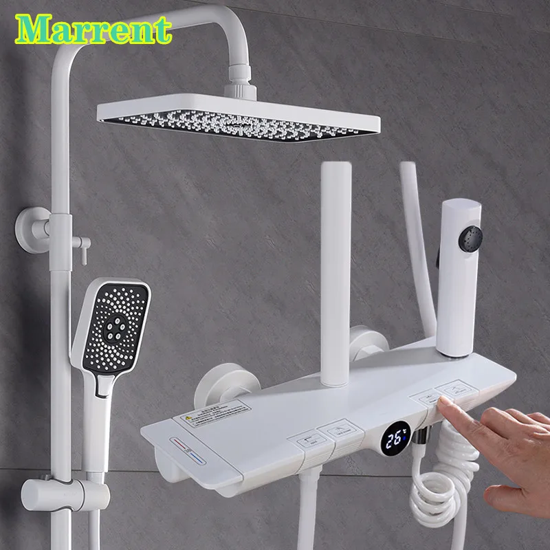 

White Digital Piano Shower System Rainfall Shower Head Brass Bathtub Mixer Faucet Tap Wall Mounted Piano Thermostatic Shower Set