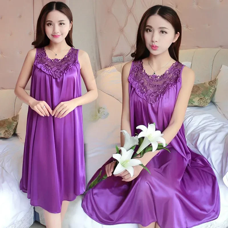 Fashion Summer Sleeveless Pleated Silk Satin Lace Night Dress Robe Lace Smooth Nightwear Sexy Sleepwear Nightgown