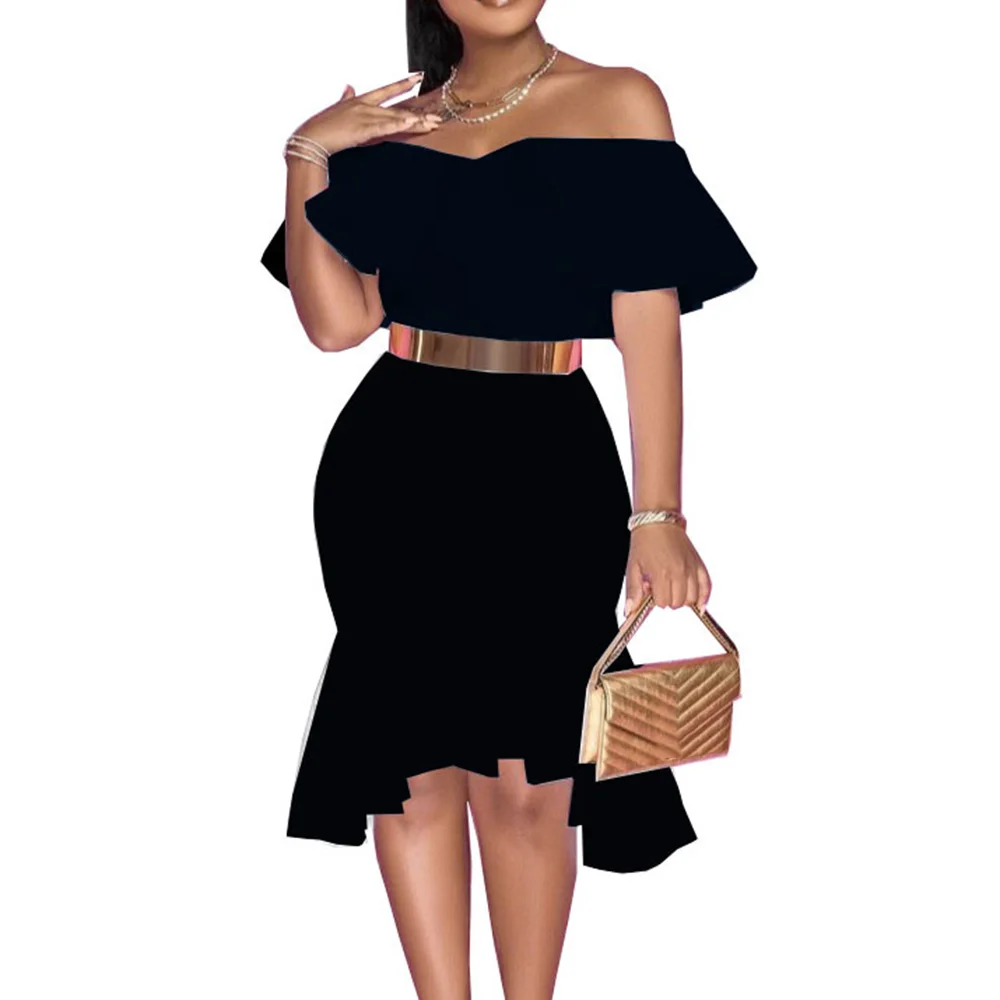 

Off-shoulder Dresses For Women Summer Elegant Plain 2022 Sexy Lotus Leaf Ruffles Fashion With Belt African Female Midi Dress