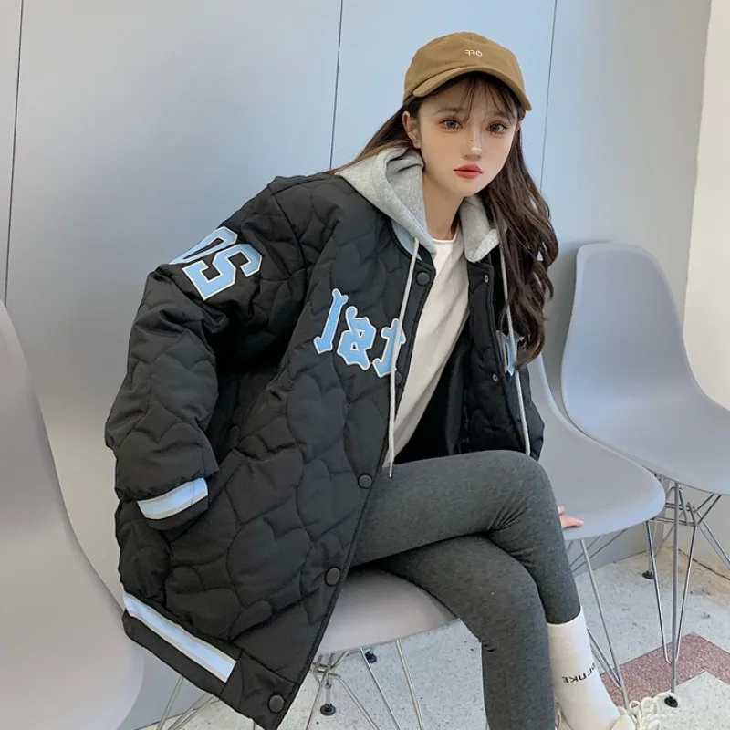Hooded Jacket Love Embroidery Retro Baseball Uniform Women's Jacket Spring Autumn Winter Loose Cotton Clothes Cotton Clothes