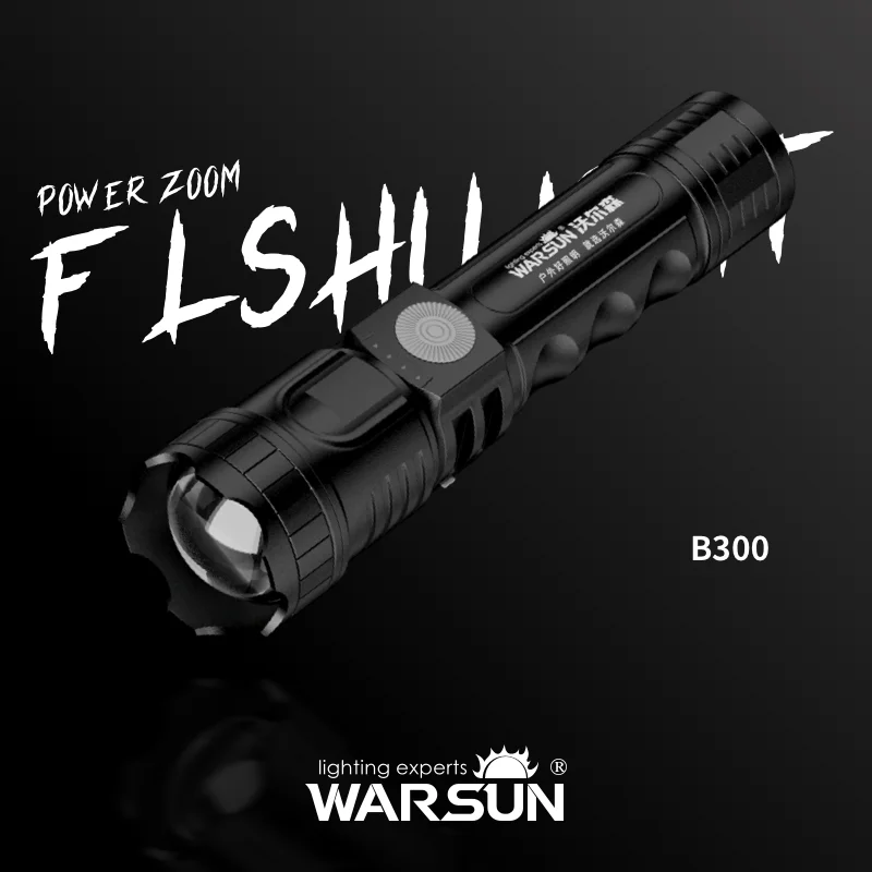 Фото Перезаряжаемый светодиодный фонарь WARSUN B300, 300 лм, с регулируемым фокусом, дальность луча 500 м, водонепроницаемость IPX4. №2