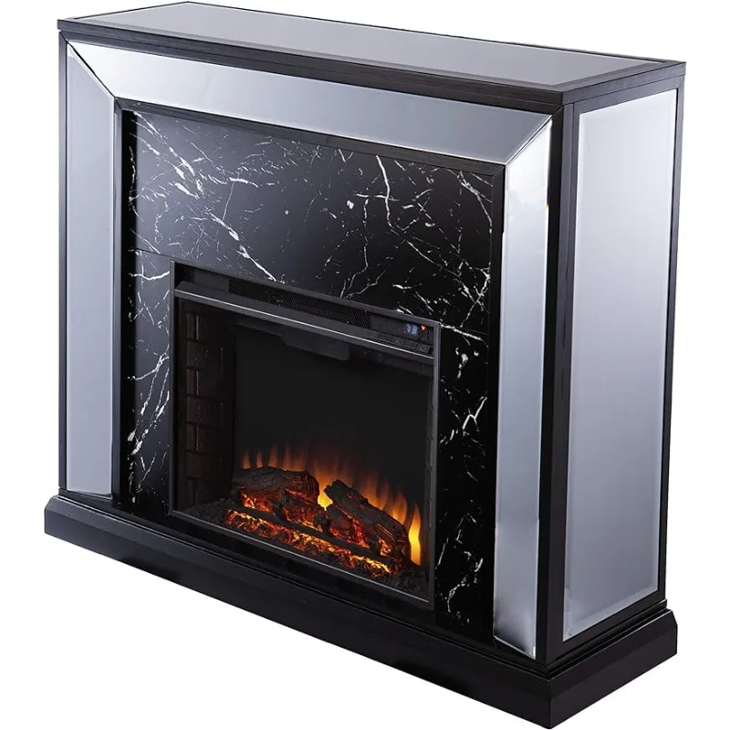 

SEI Furniture Trandling Mirrored Faux Marble Fireplace, Antique Silver/Black/Mirror