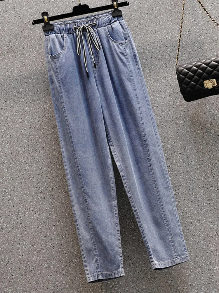 

Nkandby Summer Plus Size Women Jeans Fashion Elastic Waist Thin Casual Loose Drawstring Denim Ankle-length Harem Pants