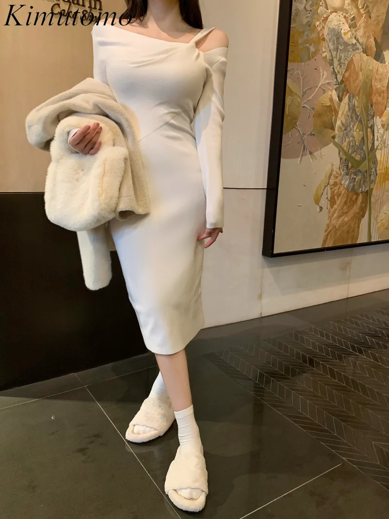 

Chic Female Dress Kimutomo Ins Fashion 2022 Spring Summer New Slash Neck Hollow Out Long Sleeves Sheath Solid Dresses Tide