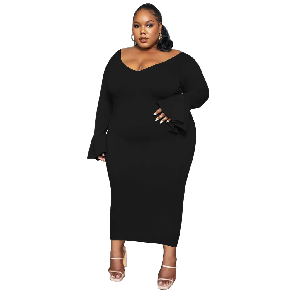 Plus Size Solid Sexy Bodycon Dress For Women Autumn V Neck Flare Sleeve Skinny Lady Vestidos Night Club Party Robes Female Wear