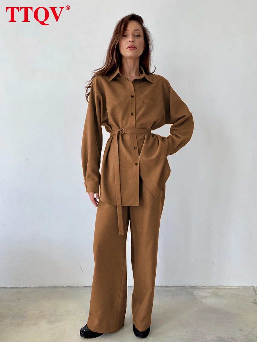 

TTQV Elegant Loose Brown Two Piece Sets Womens Outifits Casual Lapel Lace-up Shirts And High Waisted Wide Leg Pants Female Sets