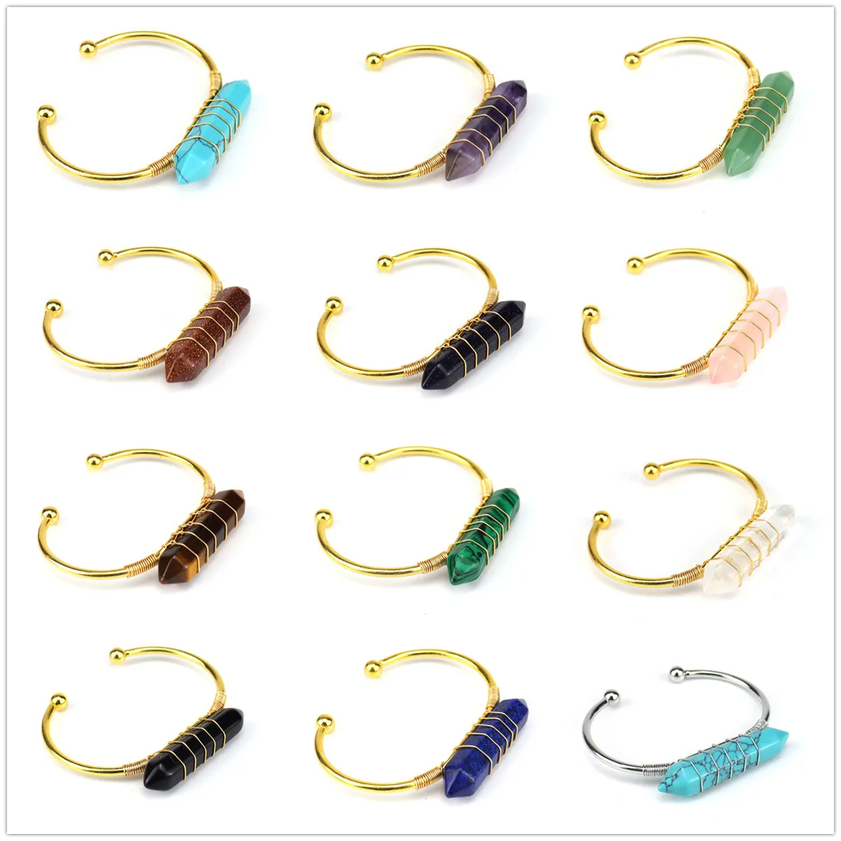 

6PCS Gemstone Hexagonal Point Cuff Bracelets Handmade Woven Lift of tree Healing Chakra Prism Friendship Bangle Jewelry