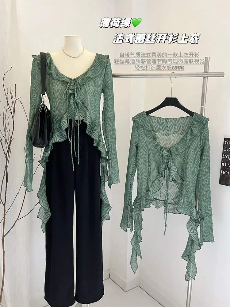 

French Fashion Green Casual Shirts V-Neck Beach Blouses Lace Up 2023 Gyaru Summer Y2k Coquette Flare Sleeve Design 90s New Trend