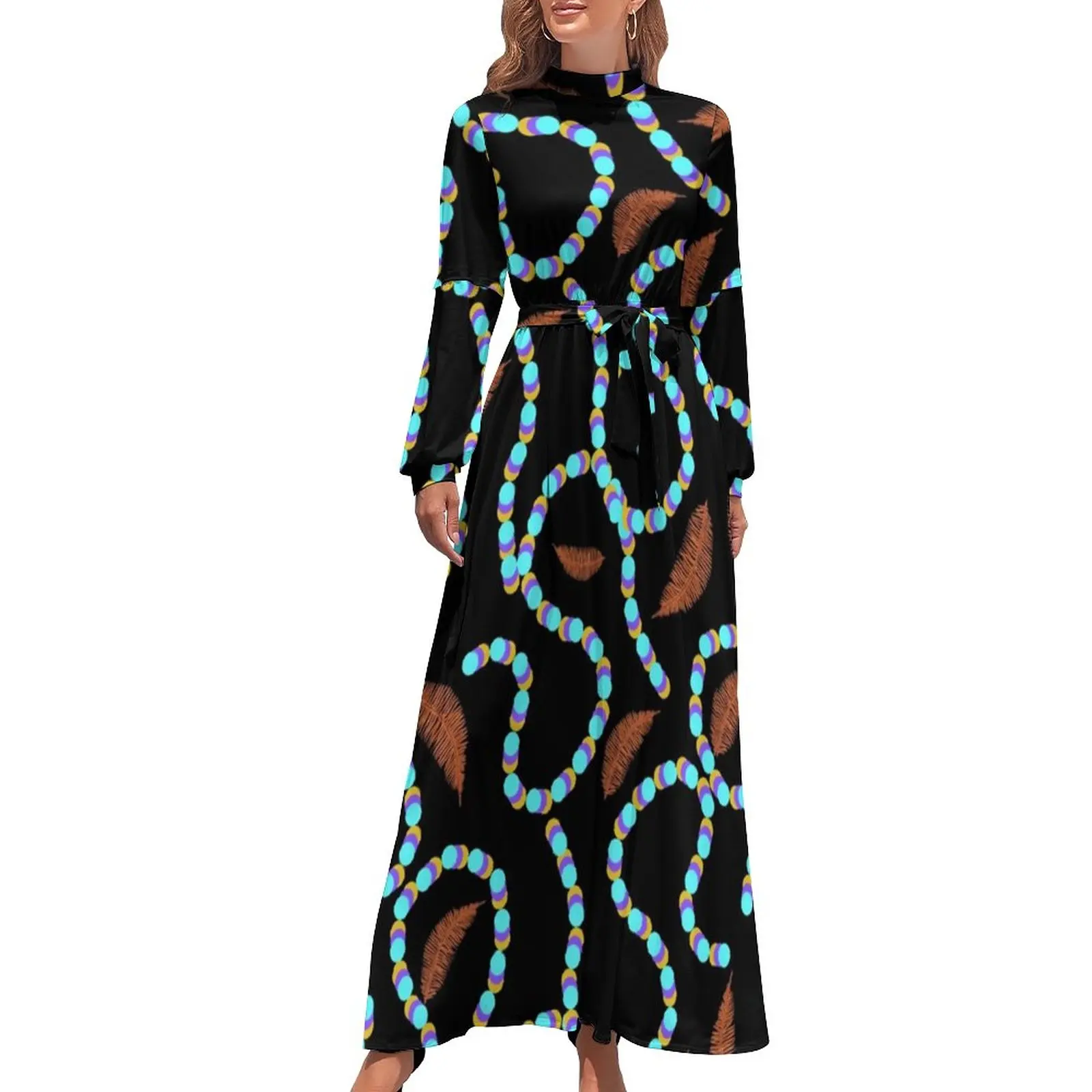 

Bright Beads Print Dress Falling Leaves Modern Pattern Maxi Dress High Waist Long Sleeve Streetwear Boho Beach Long Dresses
