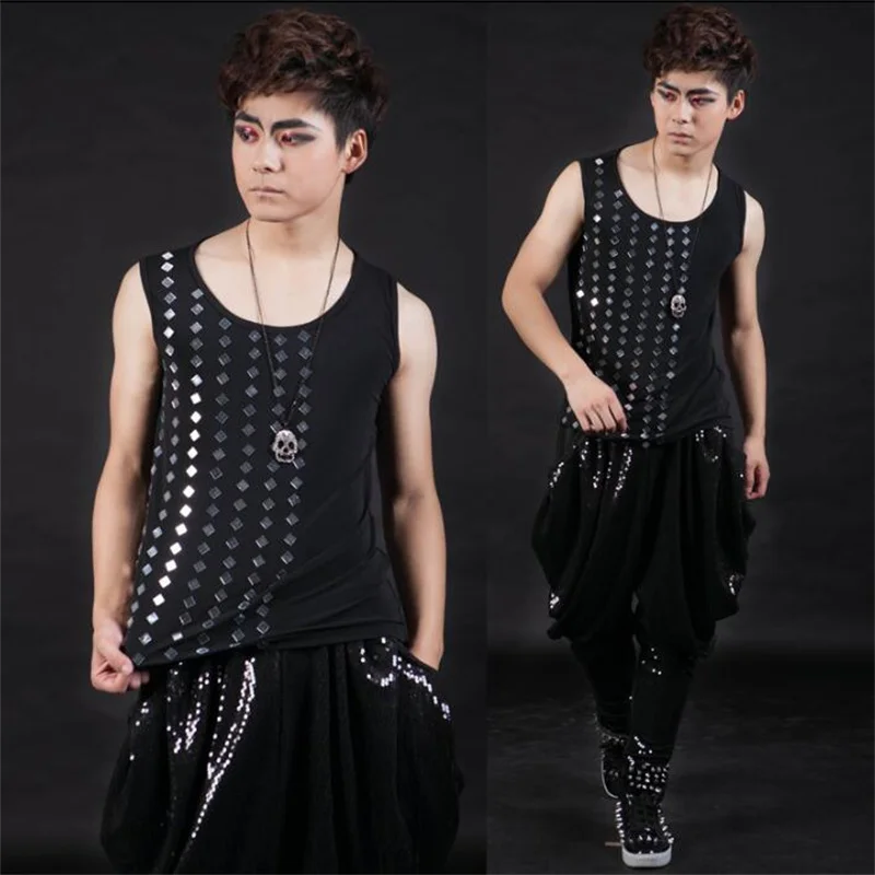 

Summer style personality slim male sleeveless lens vest men punk rock costumes hombre chalecos singer dance stage star fashion