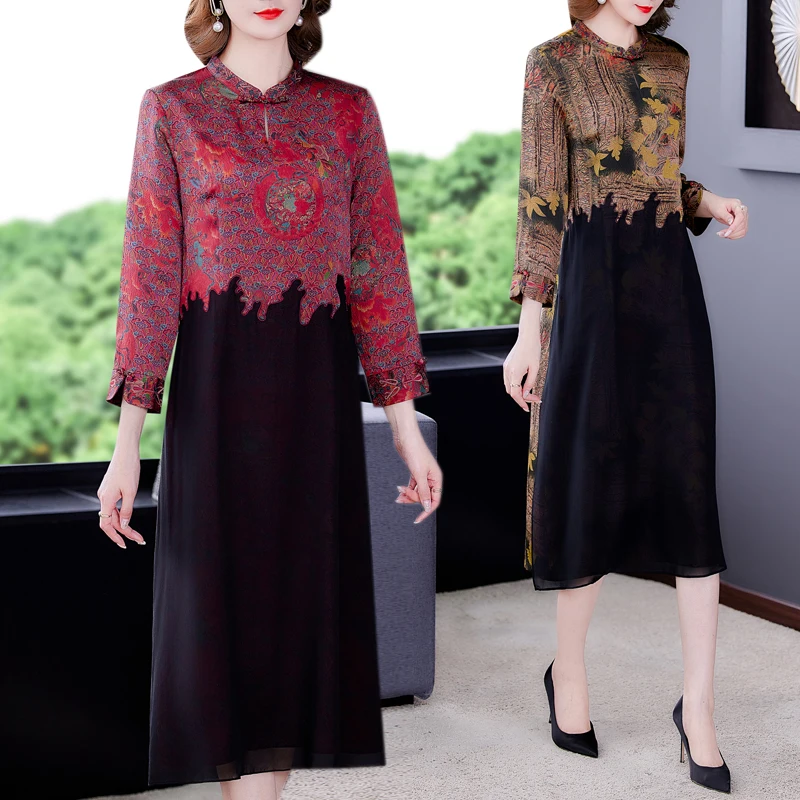 

2022 Fashion Mulberry Silk Floral Patchwork Midi Dress Spring Long Sleeve Elegant Bodycon Dress high quality Vintage Party Dress