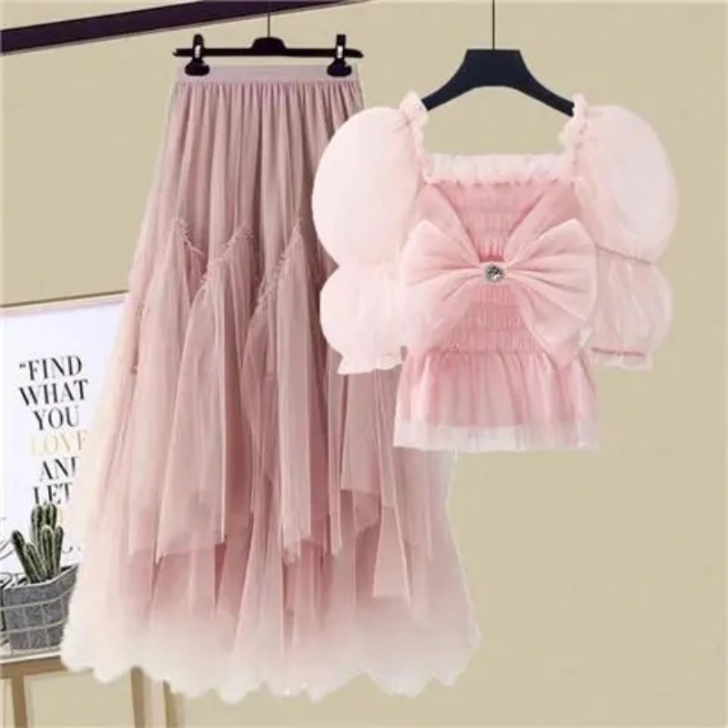 Женские комплекты из двух предметов шифоновая юбка с пышными рукавами и сетчатая