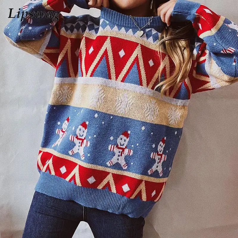 

Autumn Winter Fashion Christmas Print Knit Sweater Women Casual O-Neck Pullover Tops Lady Elegant Long Sleeve Jumper Streetwear