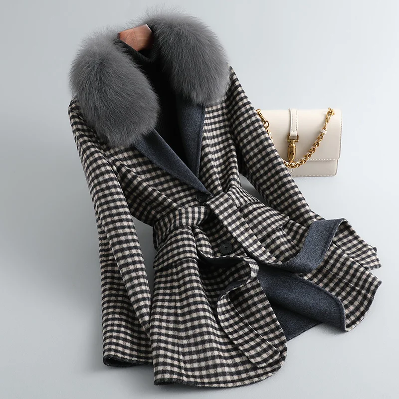 

Новинка Осень 2023 модное двухстороннее пальто Женская клетчатая Высококачественная шерстяная куртка с коротким воротником из лисьего меха ...
