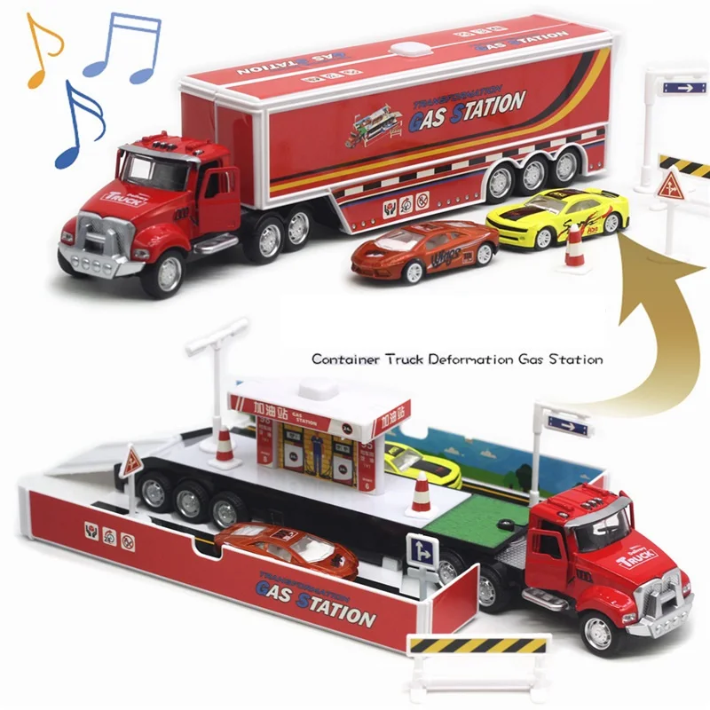 

1:48 Container Truck Alloy Head Plastic Body Deformation Gas Station 30Cm Length W.Music And Lights Small Cars Refueling scene