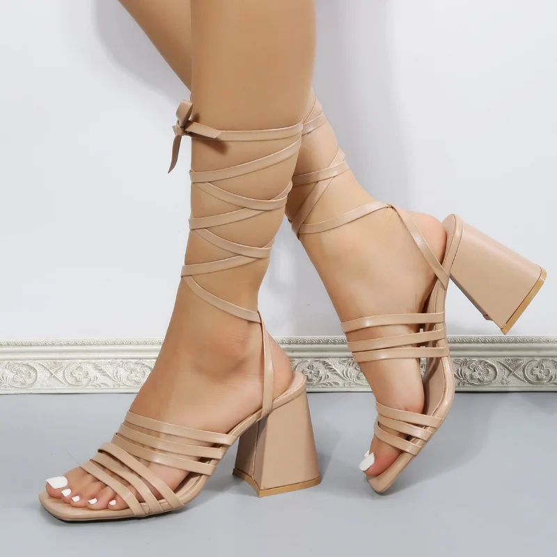 New Summer Women Sandals High Heel Cross Straps Fish Mouth Hollow Shoes with Lace Strap Roman Sandals Ladies Shoes Fashion Sexy