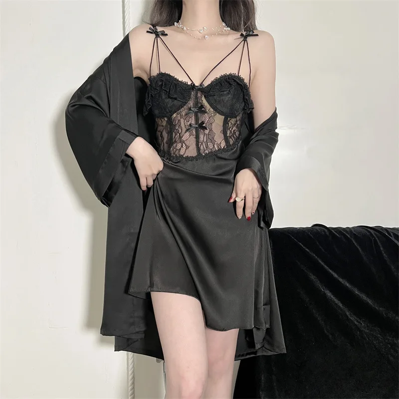 

Sexy Black Perspective Lace Twinset Robe Set Female Sleepwear Lingerie Backless Spaghetti Strap Nightdress Loose Rayon Home Wear