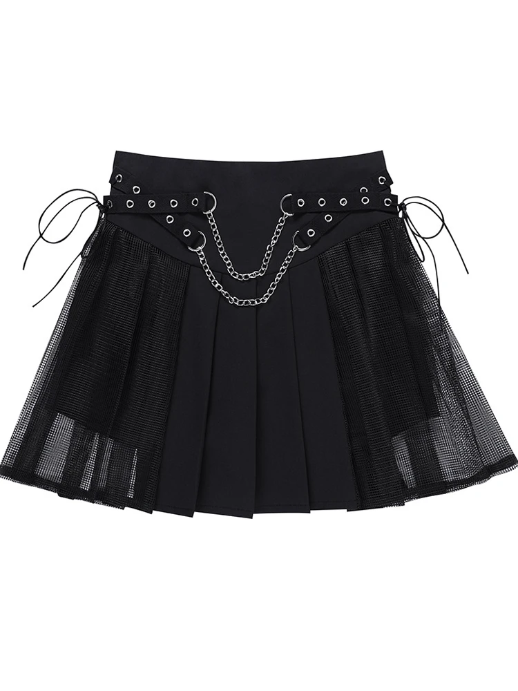 

2022 Gothic Black Pleated Skirt Hollowed Out Chain High Waist Mesh Patchwork Lace Up Japanese Y2K Women's Lolita Harajuku Skirts