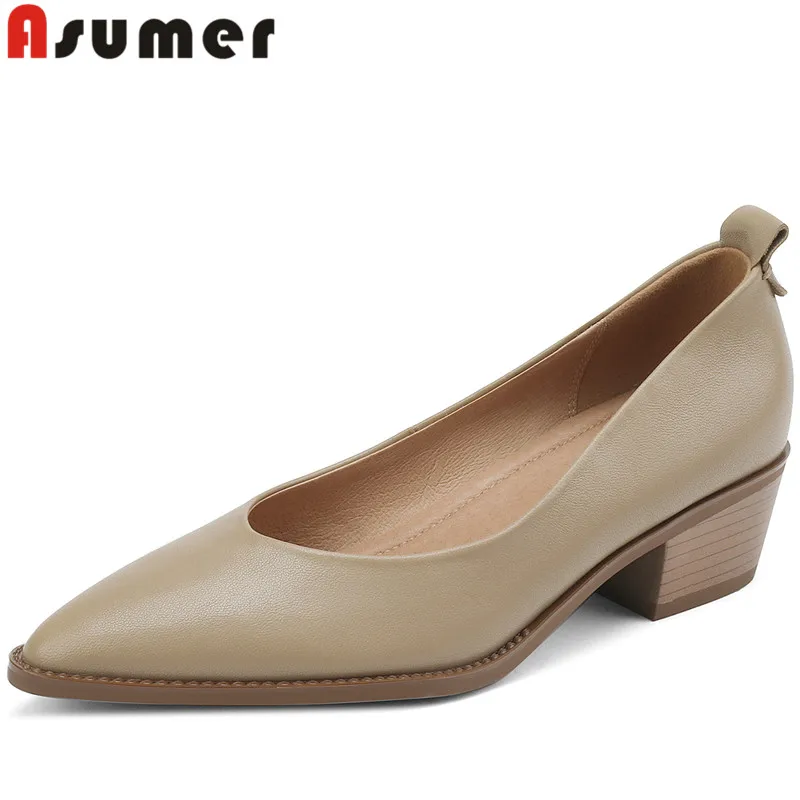 

ASUMER 2022 New Arrive Slip On Ladies Square Med Heels Dress Shoes Genuine Leather Shallow Shoes Fashion Women Pumps