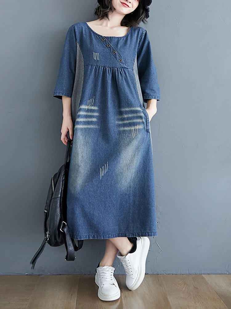 Vintage Oversized Women's Dress Loose Fit Over Knee Mid Length Slim Perforated Style Contrast Denim Medium Sleeve Dress