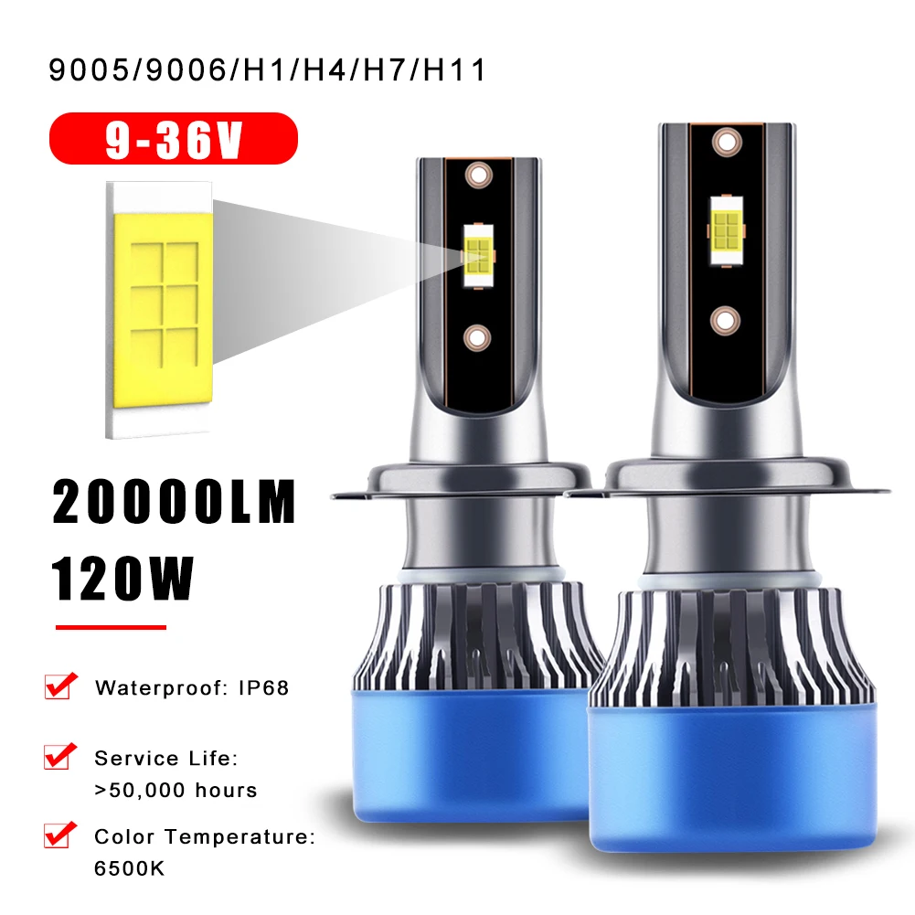 

2Pcs H4 H7 LED Headlight 20000LM CSP Chip LED H1 H11 H8 9005 HB3 9006 HB4 120W 6500K Lamp Bulb 12V 24V Turbo Fog Lights