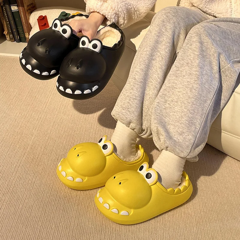

Winter Waterproof Warm Cartoon Slippers Warm Women Men Non-Slip Plush Stepped Cotton Indoor Outdoor Home Toddler Thick Heel