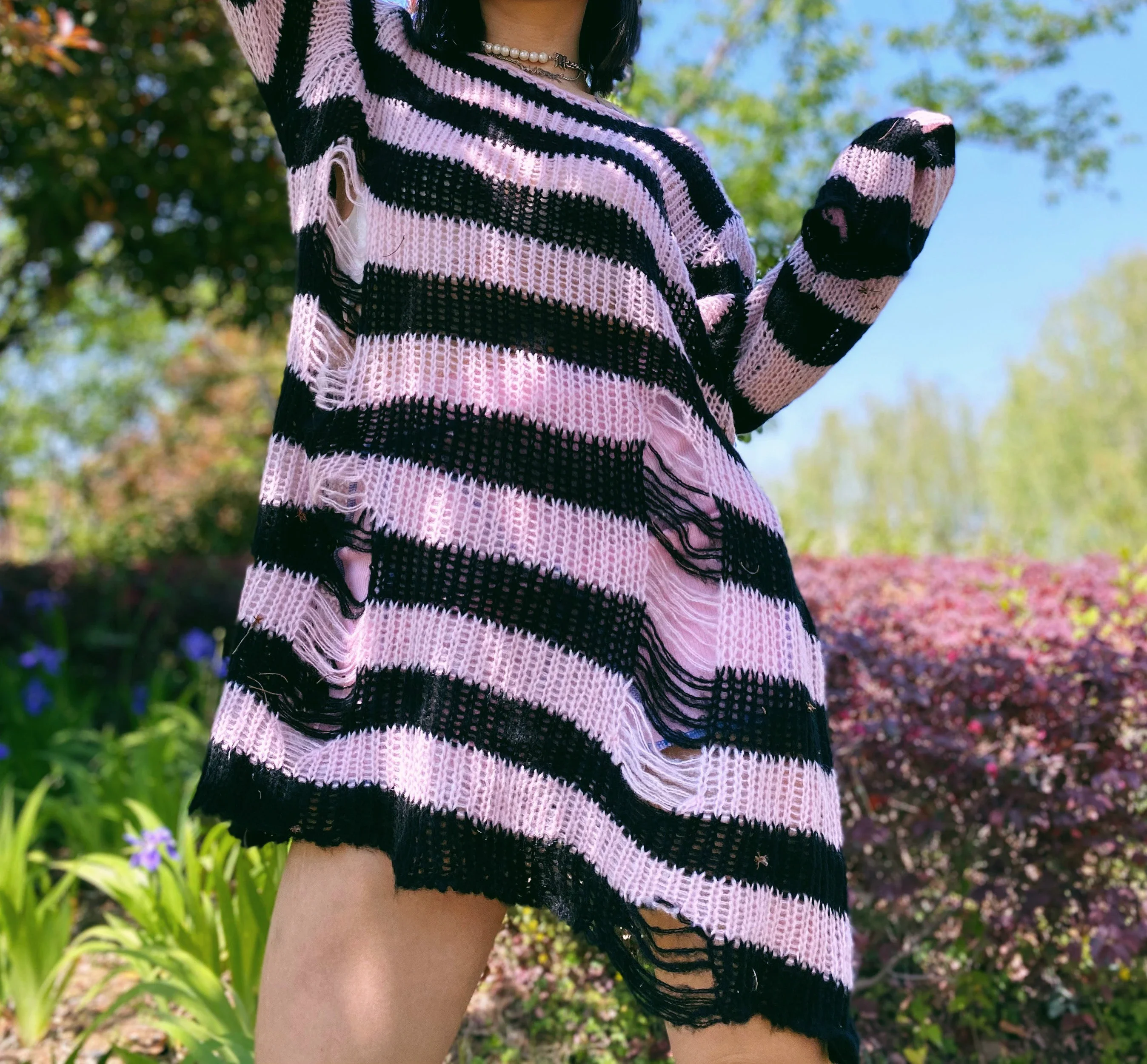 

Sweater Punk Gothic Summer Women 2021 Striped Cool Hollow Out Hole Broken Jumper Loose Rock Thin Dark Streetwear Top