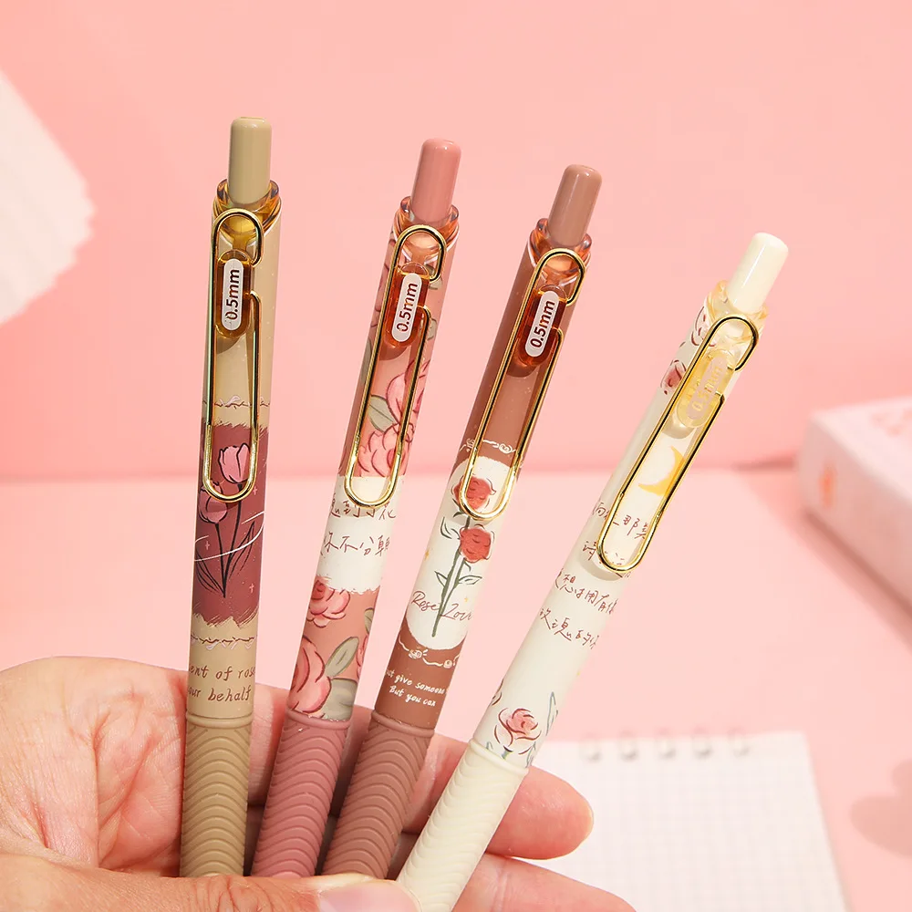

2 Pcs Classical Rose Metal Clip Press Gel Pen 0.5mm black ink