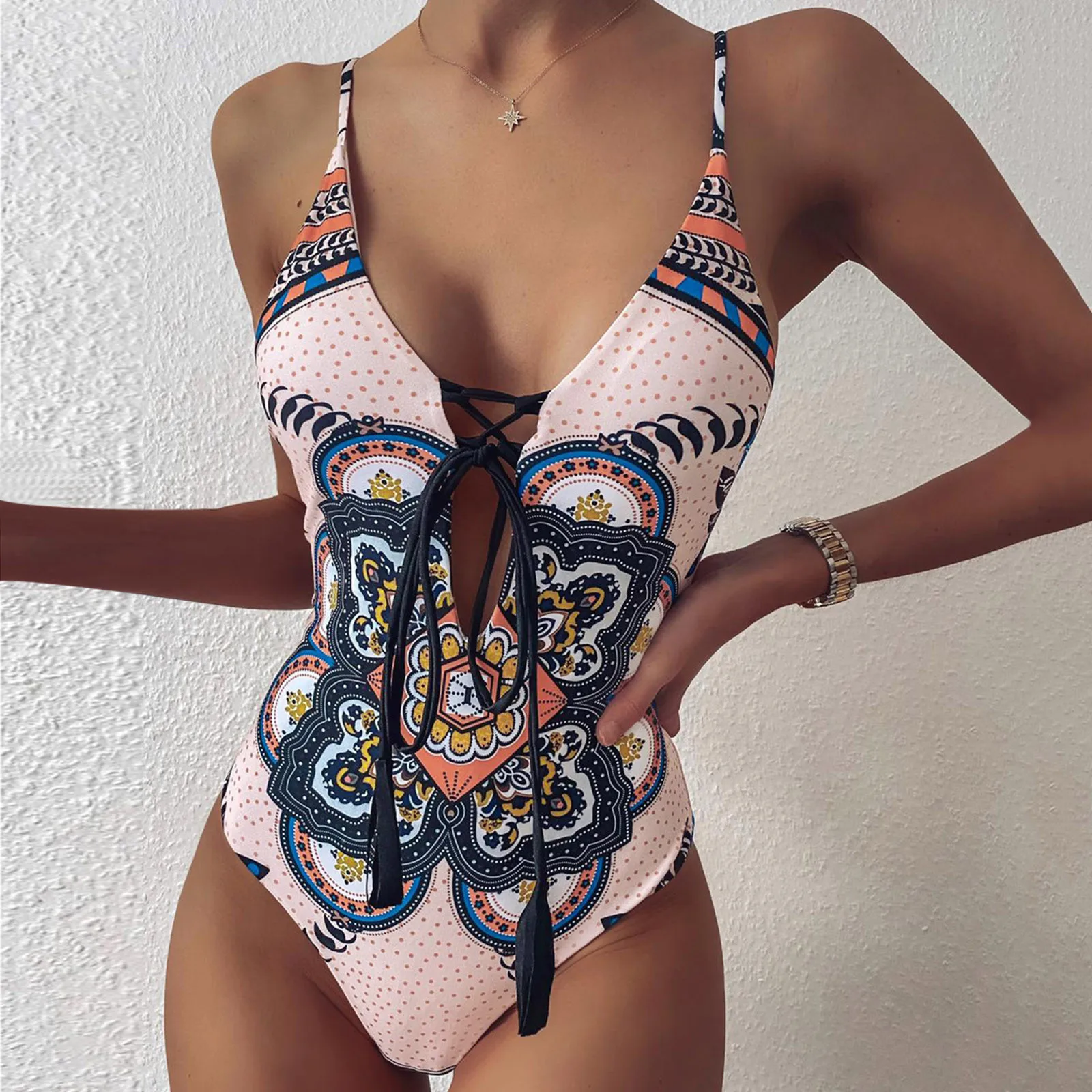 

Sexy Vintage Print Swimsuit Women Swimwear Hollow Out Bandage Bodysuit Swimwear Push Up Monokini Summer Bathing Suits Beach Wear