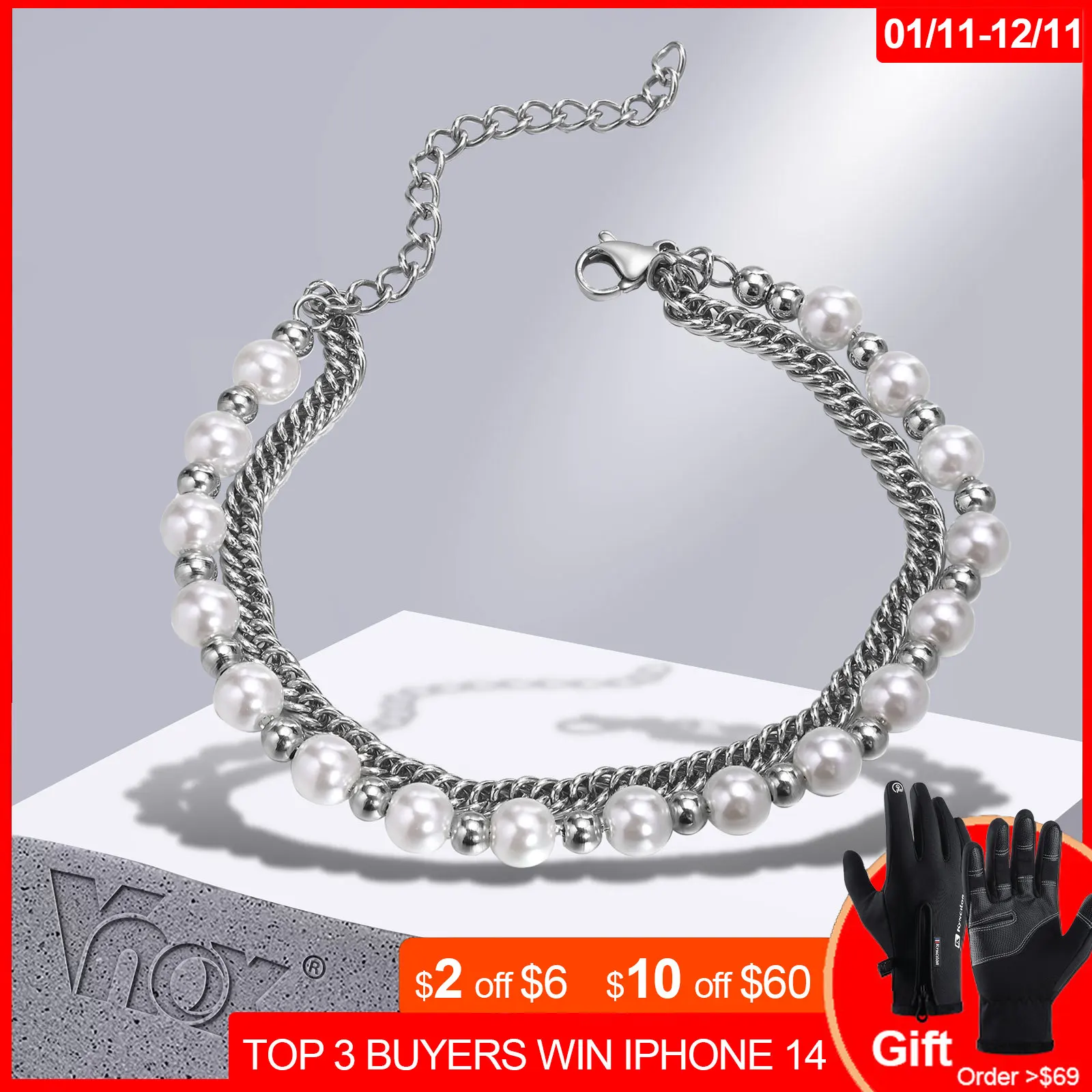 

Vnox Layering Bracelets for Men, Simulated Pearl Beads Bracelets, Miami Cuban Link Chain, Stacked Wristband, Casual Jewelry