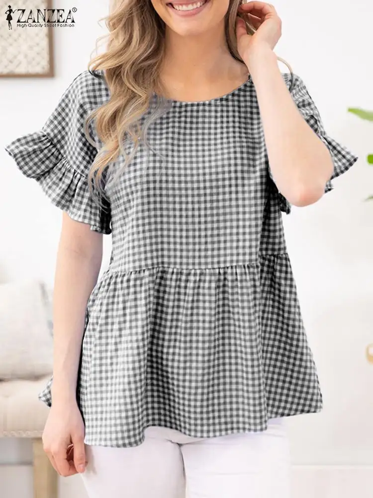 

ZANZEA Summer Short Sleeve Plaid Checked Blouse Women Holiday Ruffles Shirt Beach Blusas Oversize Casual Loose Party Tunic Tops