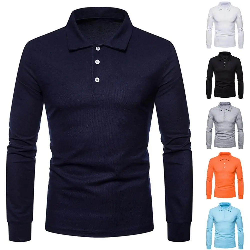

Solid Color Long Sleeve Polo Shirt Slim Fit Breathable Male Top Lapel Turn Down Collar Business Shirt Top For Daily Wear