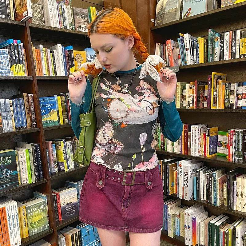 

Y2K гранж, милая футболка с Fairycore, шикарный укороченный топ с индийским графическим принтом, женские футболки с круглым вырезом и длинным рука...