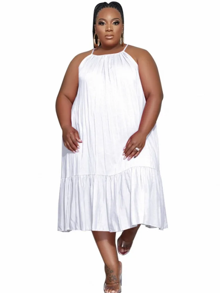 

5XL Plus Size Women Dress Fashion Ruffle Patchwork Ropa Mujer 2022 Summer New Solid Loose Casual Lace Up Oversize Dress Vestidos