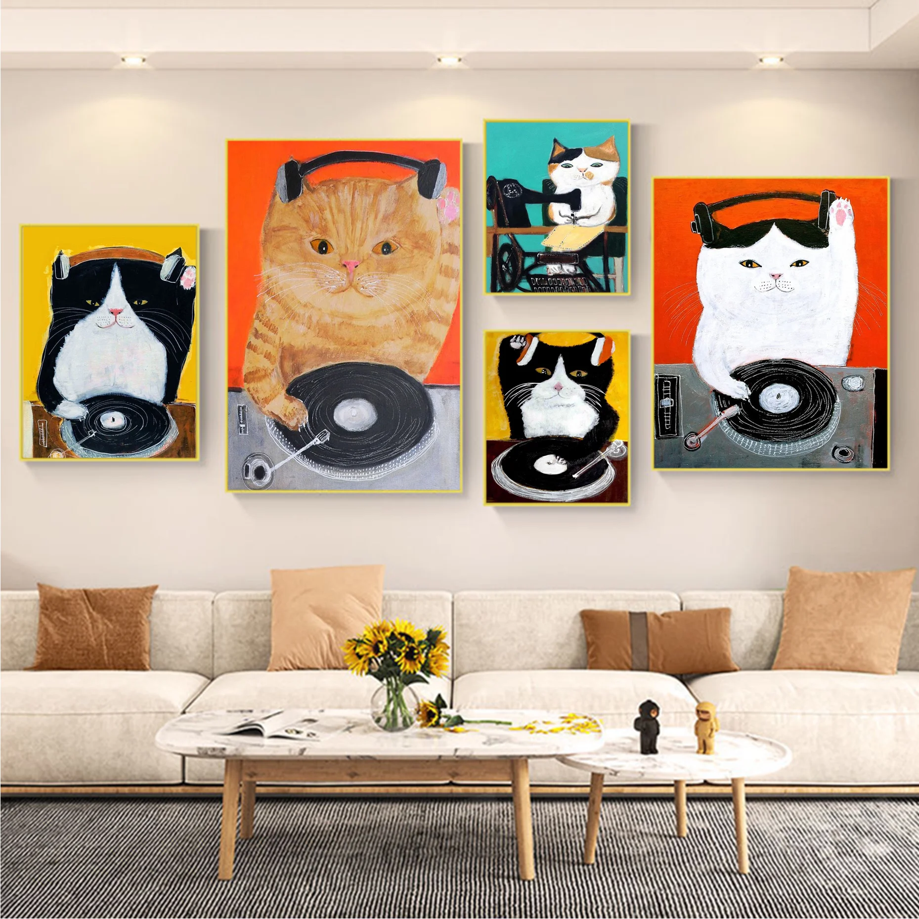 

Cartoon Cat Oil Painting Whitepaper Poster Fancy Wall Sticker For Living Room Bar Decoration Stickers Wall Painting